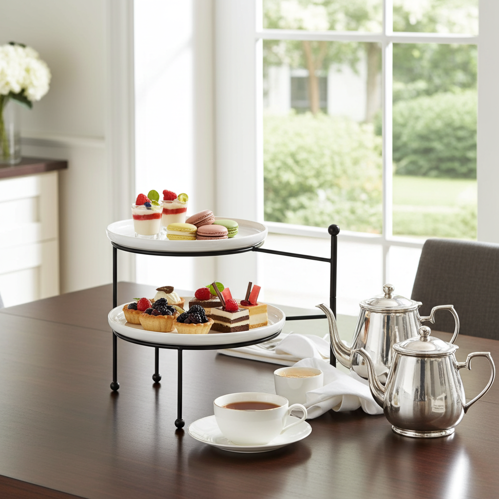 Black 3-Tier Serving Tray with Porcelain Plates, 10 Inch Dessert Display Stand for Party and Home Serving