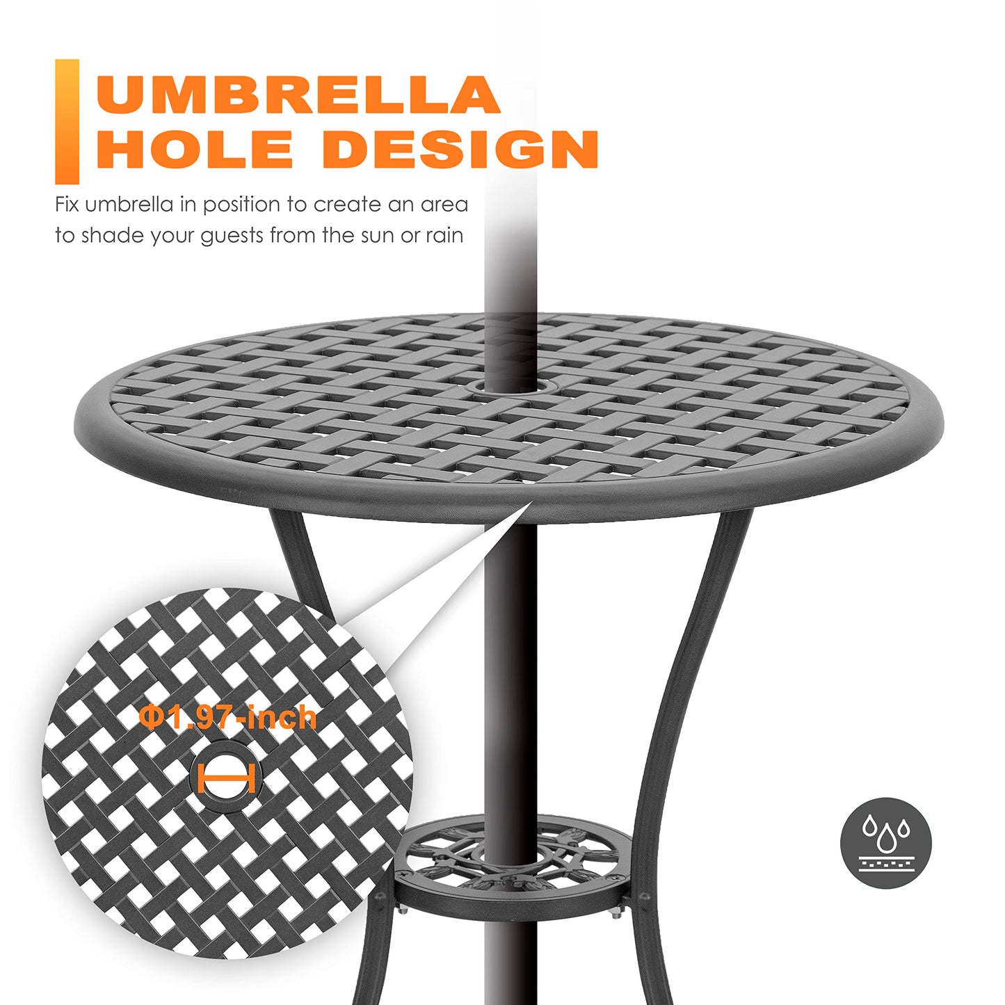 3-Piece Outdoor Cast Aluminum Patio Bistro Set with Table and 2 Chairs, Umbrella Hole, Gray Cushions, Black