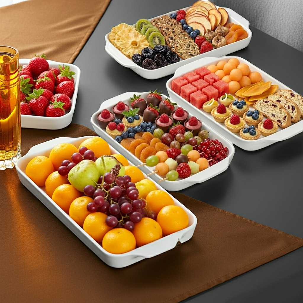 Dizada White Porcelain Serving Platters with Handles, Set of 3, 16 x 9 Inch Rectangular Serving Trays