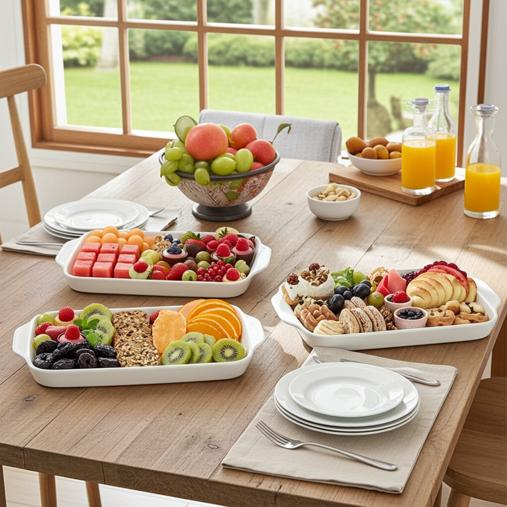 Dizada White Porcelain Serving Platters with Handles, Set of 3, 16 x 9 Inch Rectangular Serving Trays