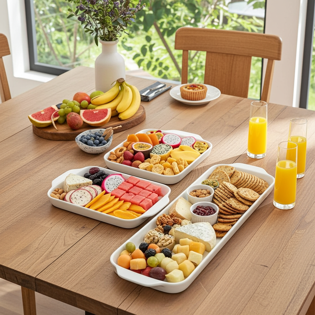 Dizada White Porcelain Serving Platters with Handles, Set of 3, 16 x 9 Inch Rectangular Serving Trays