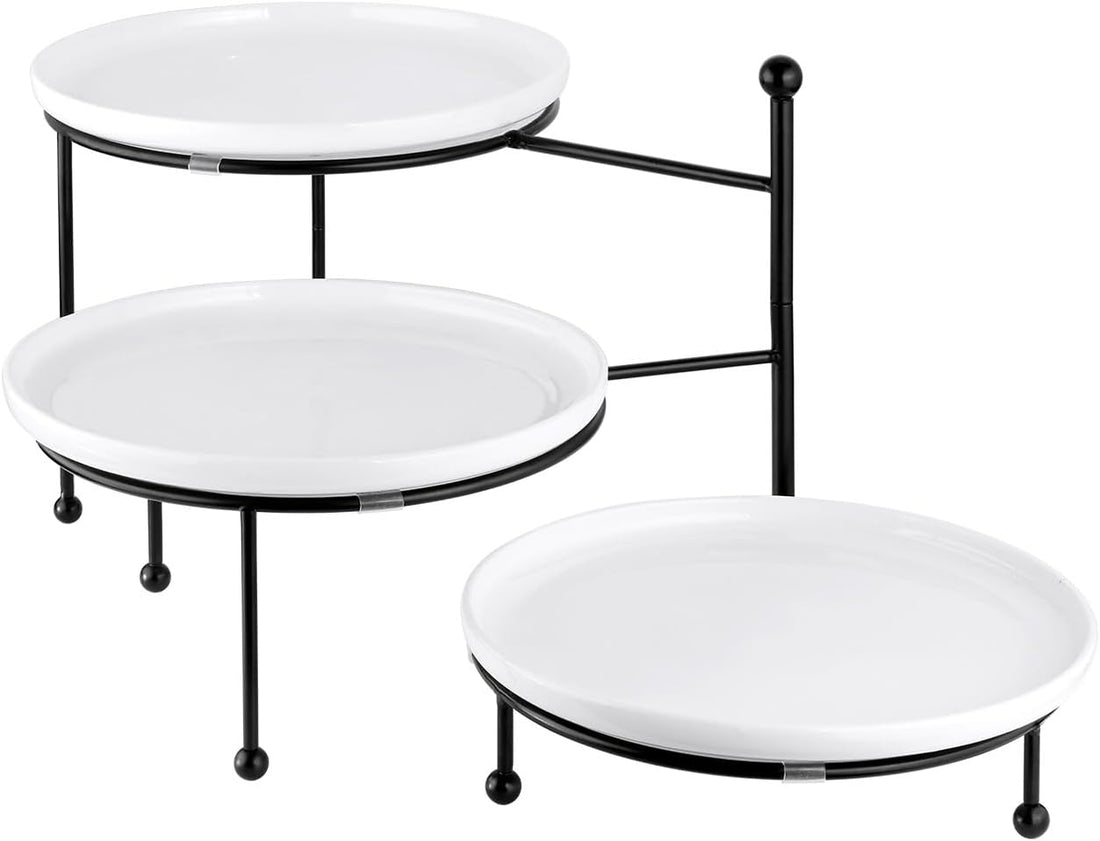 Tiered Serving Tray for Party, 10 Inch Dessert Display Stand, Black | 3*Porcelain Durable Round Serving Plates, Microwave/Dishwasher Safe,Easy Clean, Cupcakes Fruit Modern Serving