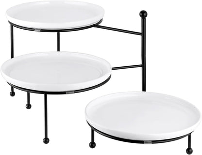 Tiered Serving Tray for Party, 10 Inch Dessert Display Stand, Black | 3*Porcelain Durable Round Serving Plates, Microwave/Dishwasher Safe,Easy Clean, Cupcakes Fruit Modern Serving