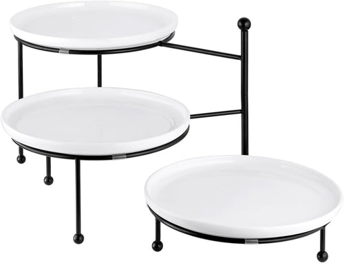 Tiered Serving Tray for Party, 10 Inch Dessert Display Stand, Black | 3*Porcelain Durable Round Serving Plates, Microwave/Dishwasher Safe,Easy Clean, Cupcakes Fruit Modern Serving