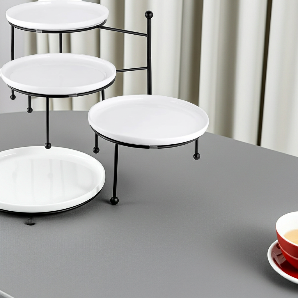 Black 3-Tier Serving Tray with Porcelain Plates, 10 Inch Dessert Display Stand for Party and Home Serving