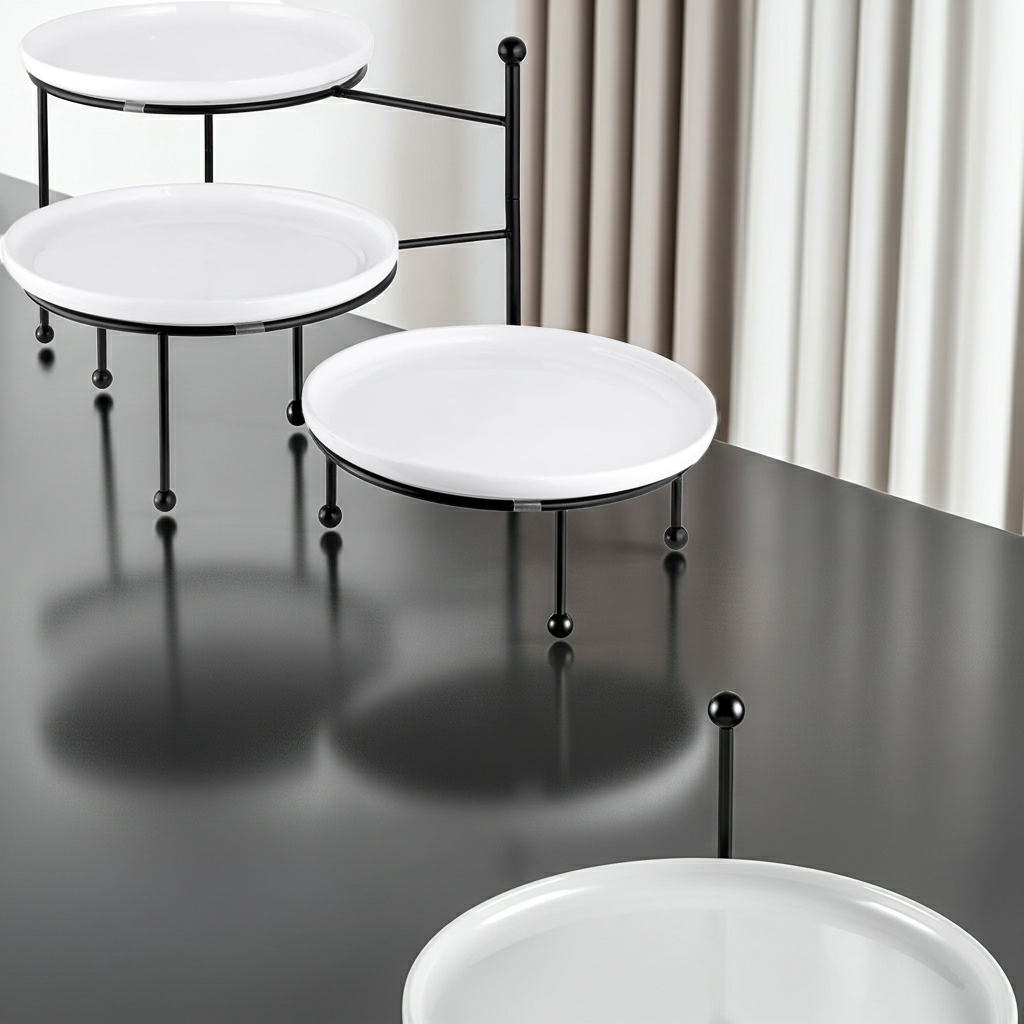 Black 3-Tier Serving Tray with Porcelain Plates, 10 Inch Dessert Display Stand for Party and Home Serving