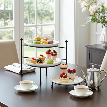 Black 3-Tier Serving Tray with Porcelain Plates, 10 Inch Dessert Display Stand for Party and Home Serving