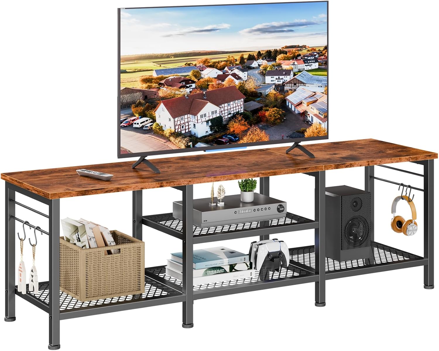 Maplecrest Home 55" TV Stand with Open Storage Shelves, Entertainment Center Media Console with Soundbar Shelf, Rustic Brown