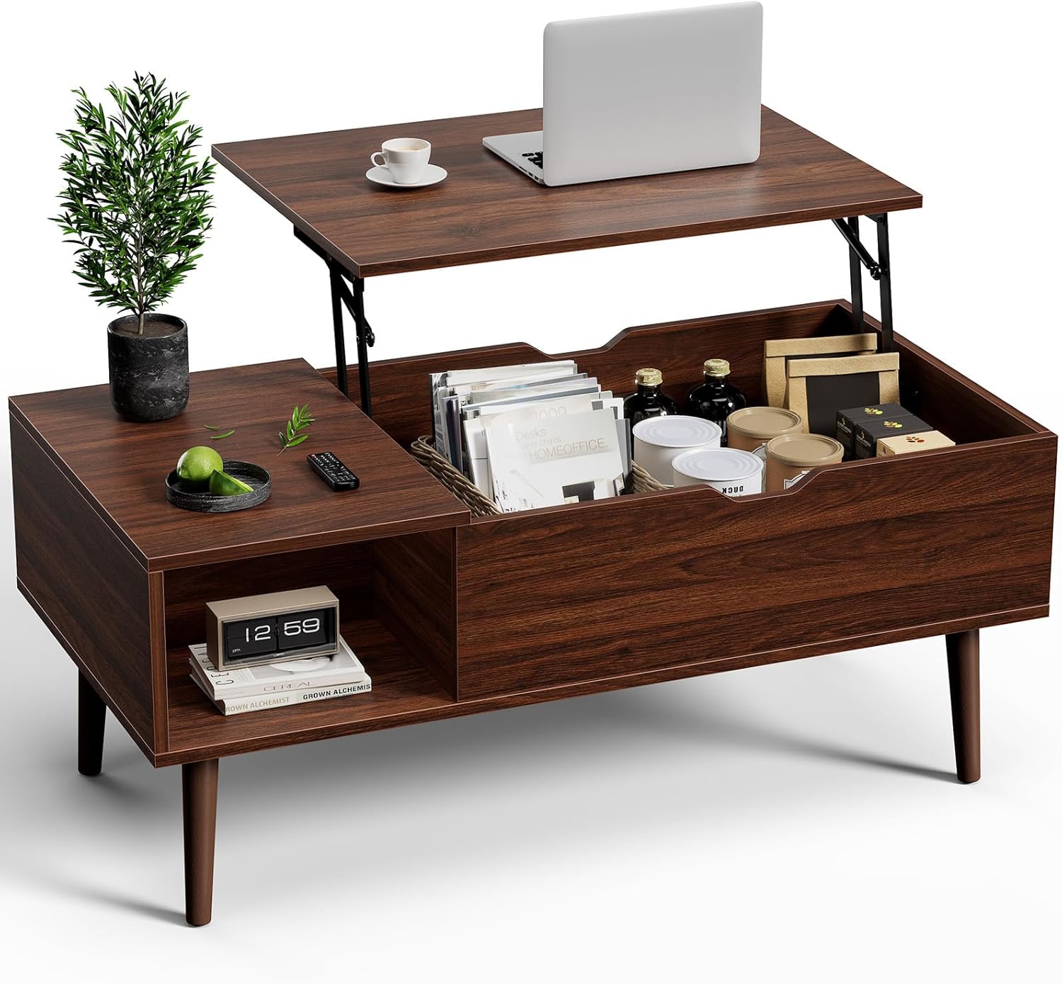 Maplecrest Home Wooden Lift Top Coffee Table, Hidden Storage Coffee Table with Open Shelf for Living Room, Rustic Brown
