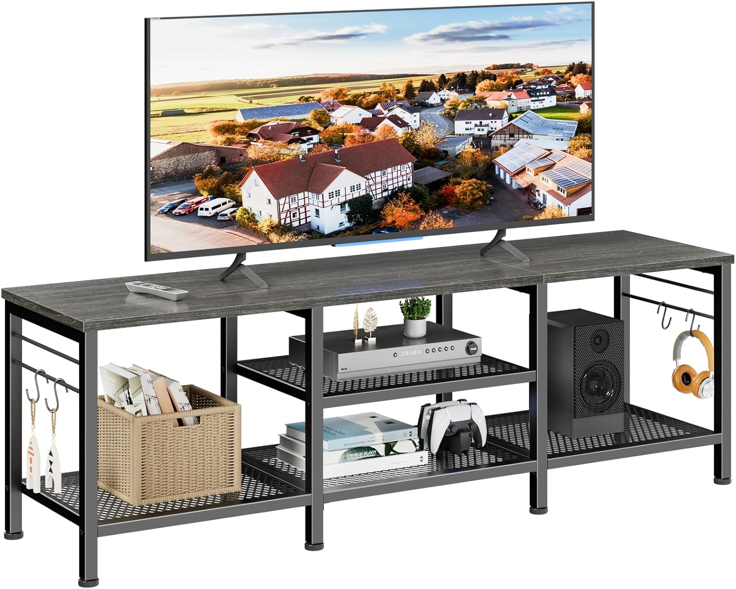 Maplecrest Home 55" TV Stand with Open Storage Shelves, Entertainment Center Media Console with Soundbar Shelf, Rustic Brown