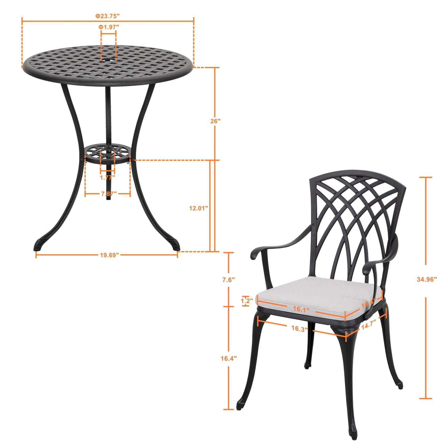 3-Piece Outdoor Cast Aluminum Patio Bistro Set with Table and 2 Chairs, Umbrella Hole, Gray Cushions, Black