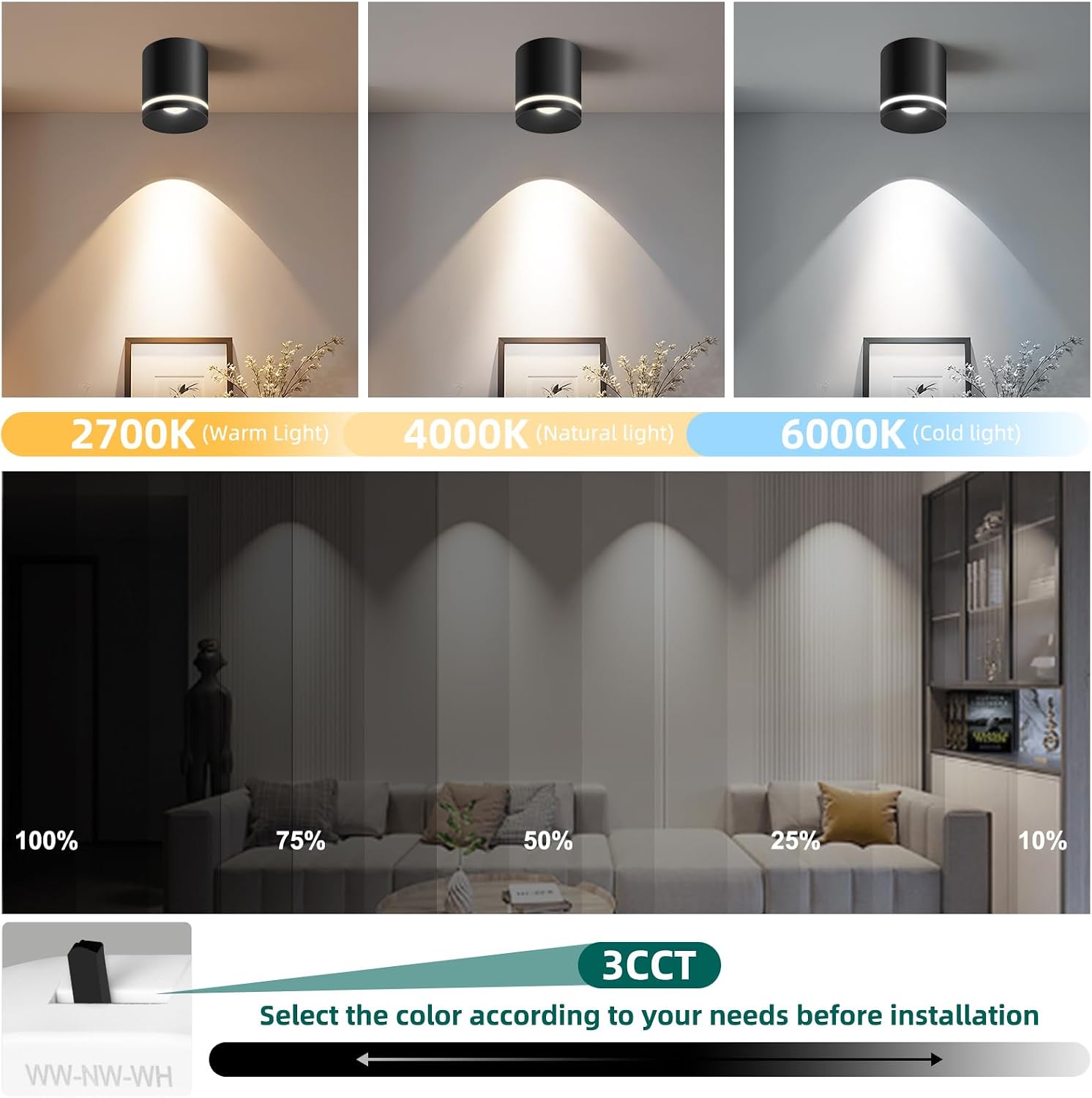 5.9“ Ceiling Light Fixtures, 20W 1800LM 3CCT 2700K-6000K Dimmable Flush Mount Ceiling Light for Hallway Kitchen Entryway, Black Cylinder Ceiling Lighting for Living Room 1-Pack