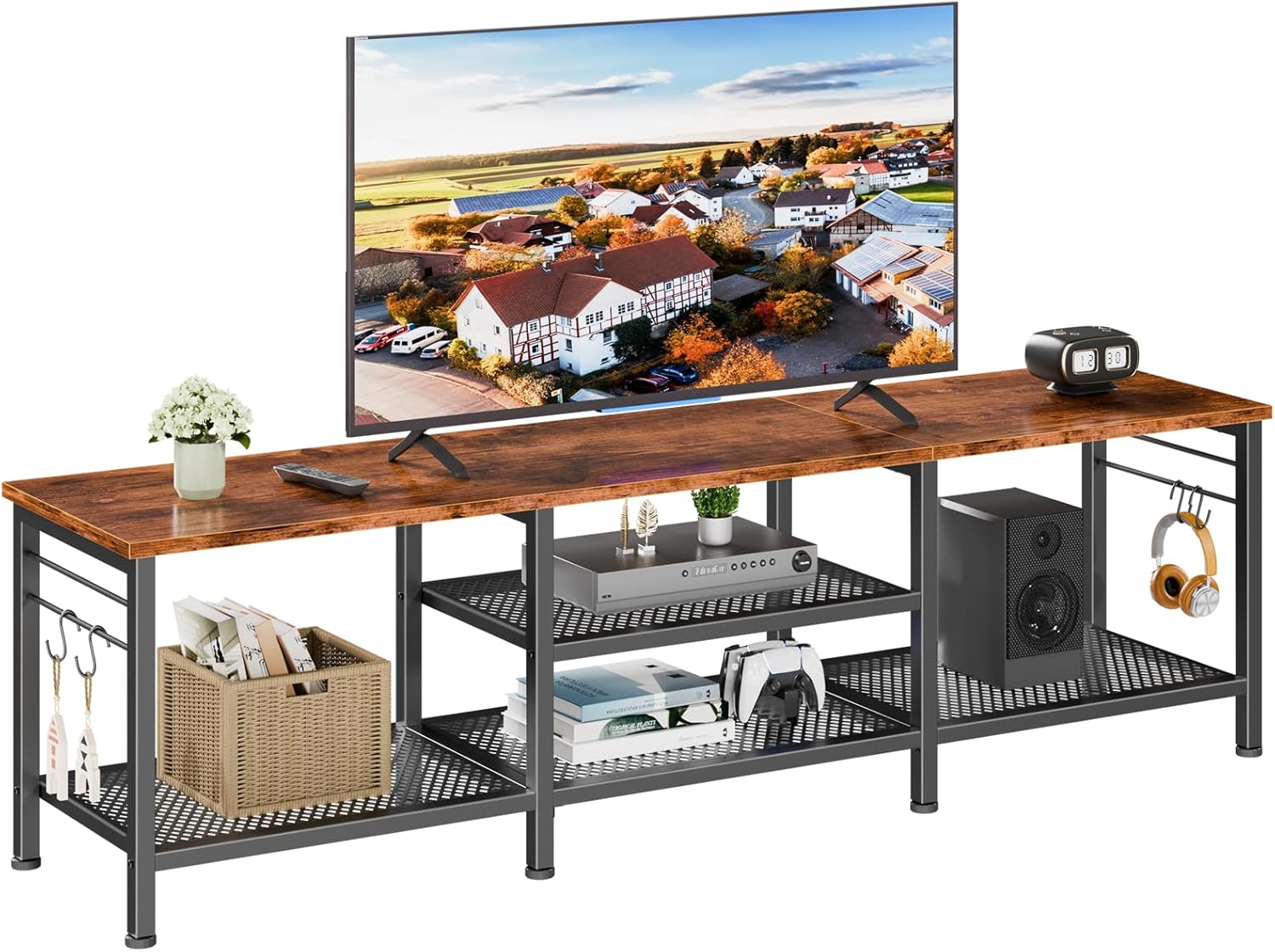 Maplecrest Home 55" TV Stand with Open Storage Shelves, Entertainment Center Media Console with Soundbar Shelf, Rustic Brown