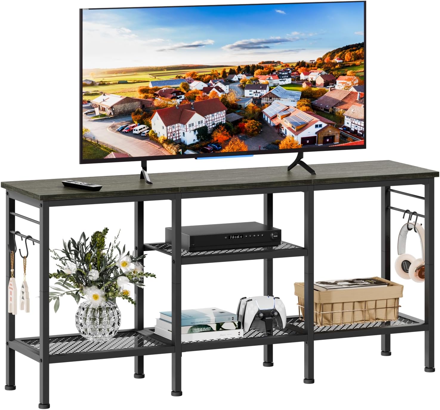 Maplecrest Home 55" TV Stand with Open Storage Shelves, Entertainment Center Media Console with Soundbar Shelf, Rustic Brown