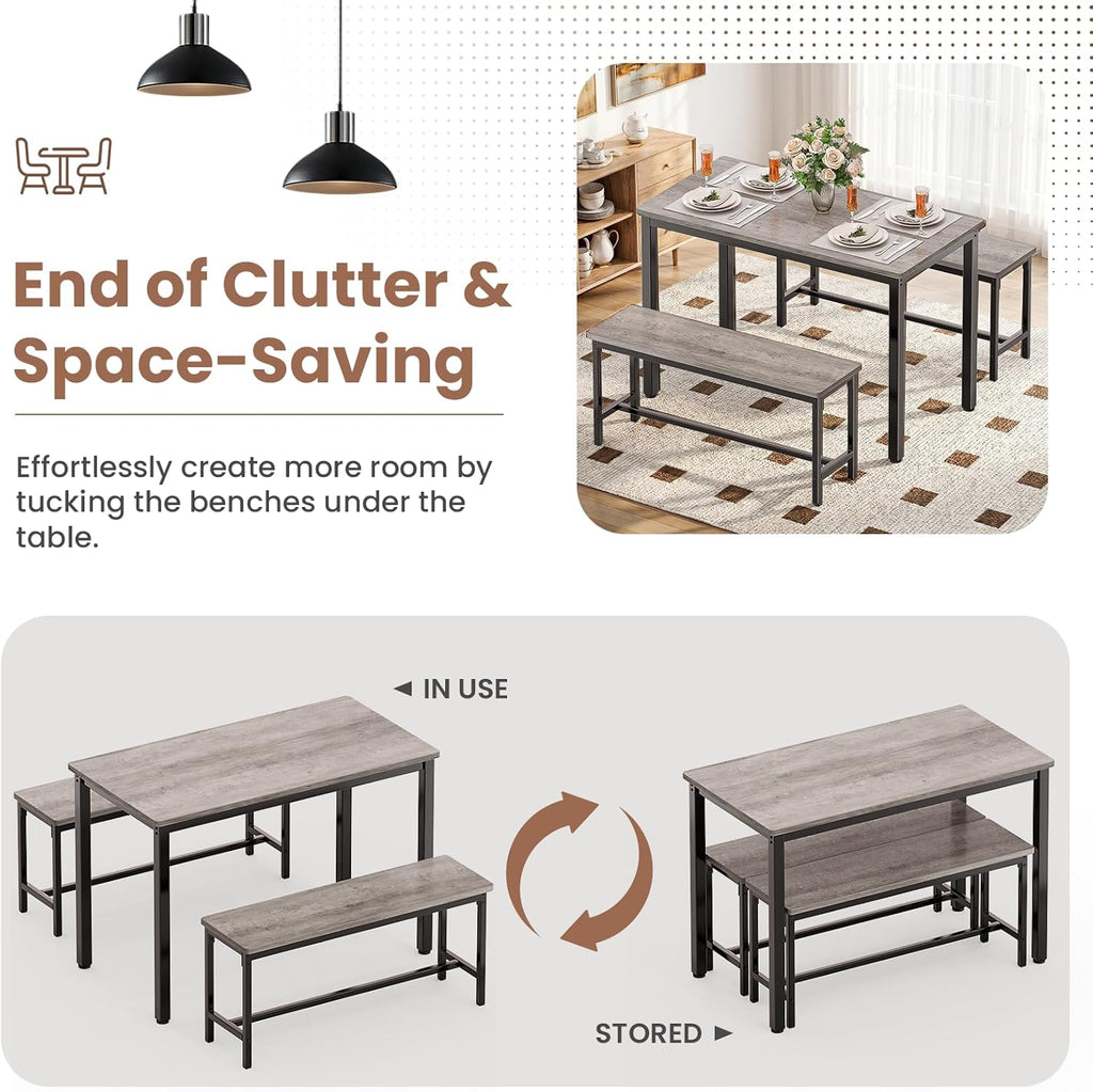 Maplecrest Home Dining Table Set for 4 with 2 Benches, Modern 3-Piece Kitchen Table Set for Small Spaces, Grey
