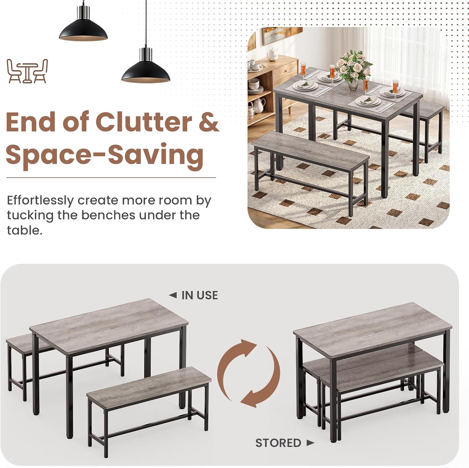 Maplecrest Home Dining Table Set for 4 with 2 Benches, Modern 3-Piece Kitchen Table Set for Small Spaces, Grey