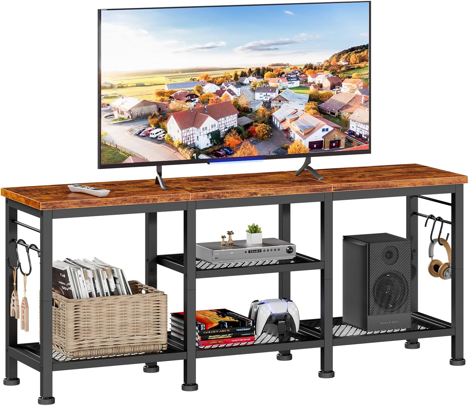 Maplecrest Home 55" TV Stand with Open Storage Shelves, Entertainment Center Media Console with Soundbar Shelf, Rustic Brown