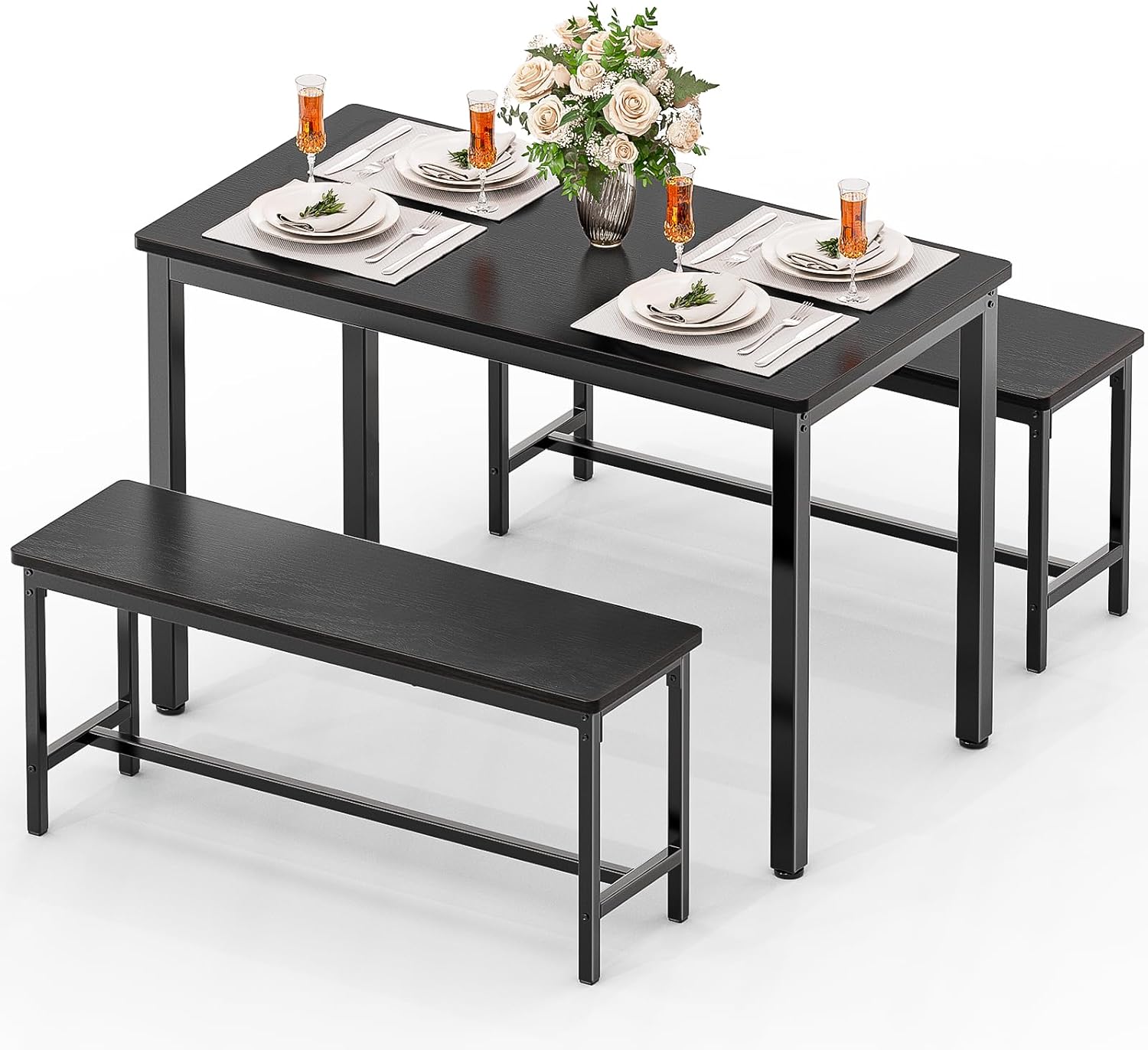 Maplecrest Home Dining Table Set for 4 with 2 Benches, Modern 3-Piece Kitchen Table Set for Small Spaces, Grey