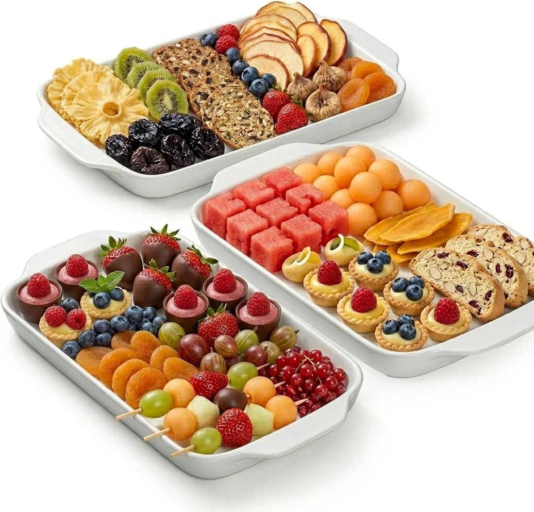 Dizada Large Serving Platter with Handles 16"x9" - White Porcelain Serving Trays Set of 3, Rectangular Platters for Entertaining, Party, Appetizer, Charcuterie