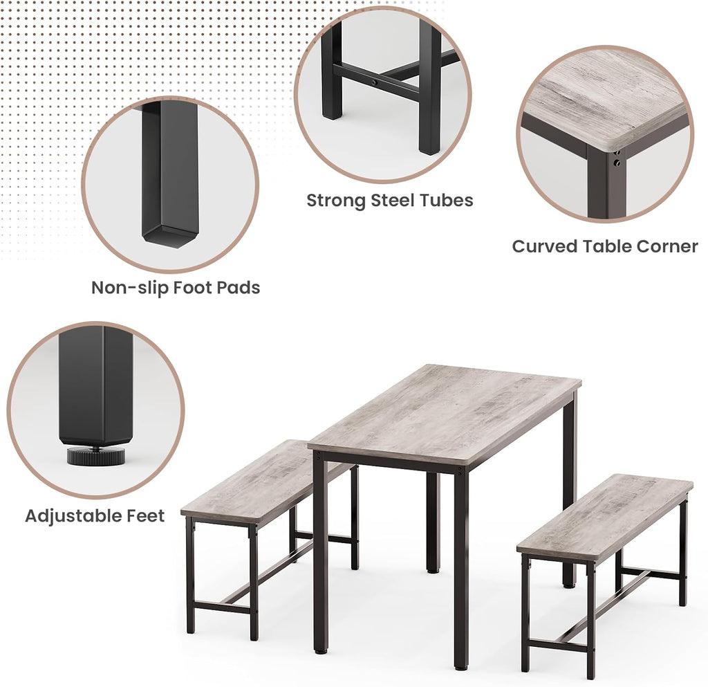 Maplecrest Home Dining Table Set for 4 with 2 Benches, Modern 3-Piece Kitchen Table Set for Small Spaces, Grey