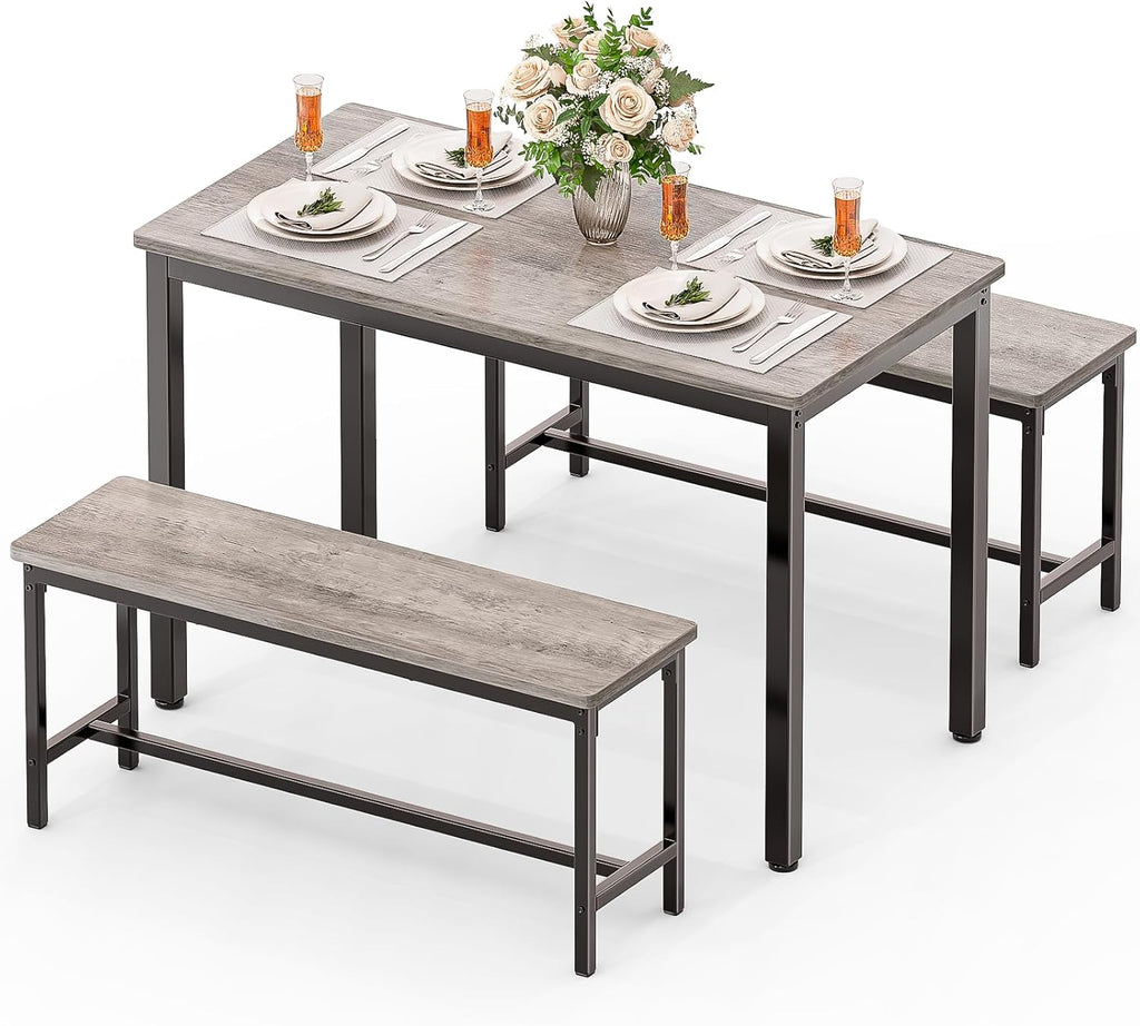 Maplecrest Home Dining Table Set for 4 with 2 Benches, Modern 3-Piece Kitchen Table Set for Small Spaces, Grey