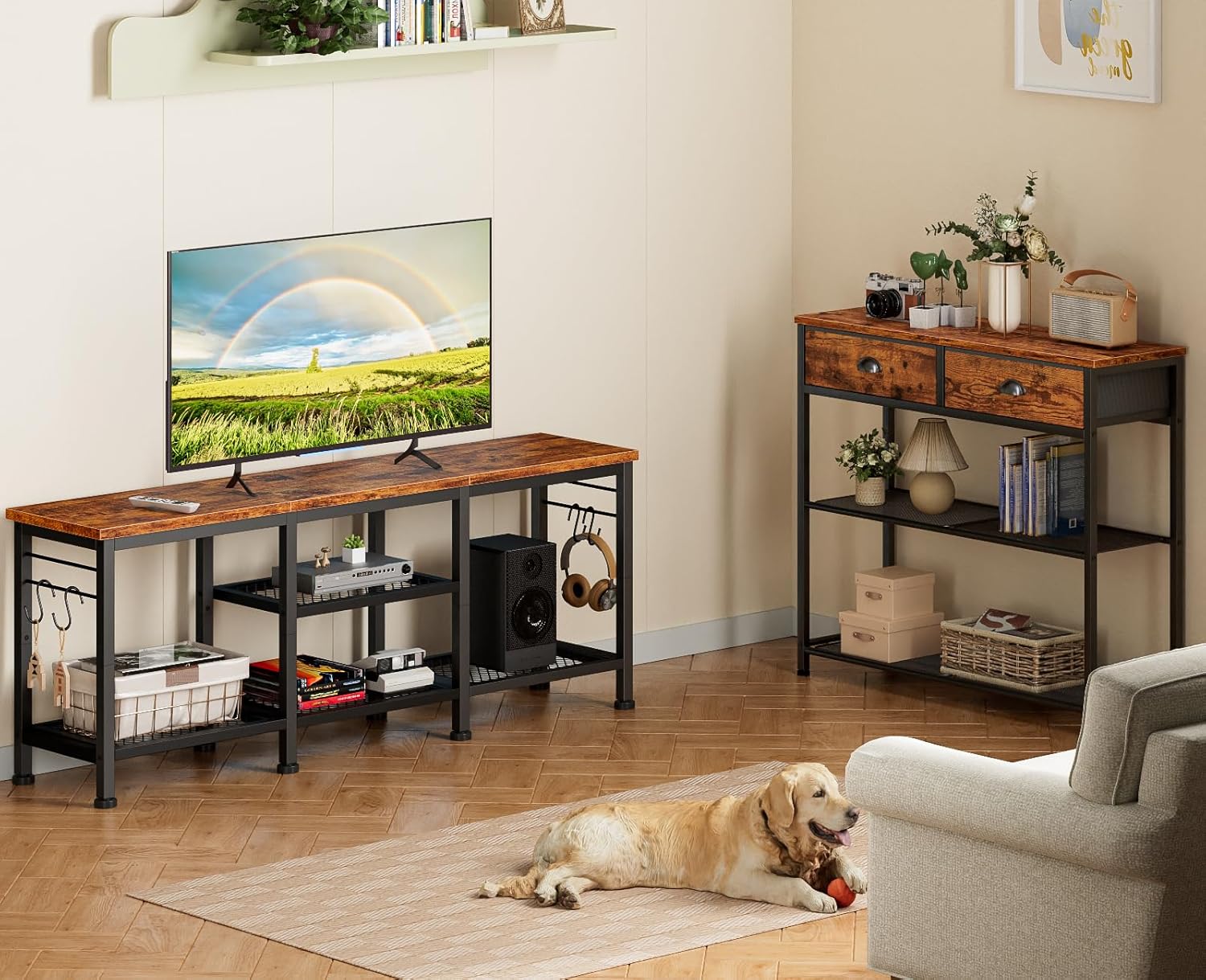 Maplecrest Home 55" TV Stand with Open Storage Shelves, Entertainment Center Media Console with Soundbar Shelf, Rustic Brown