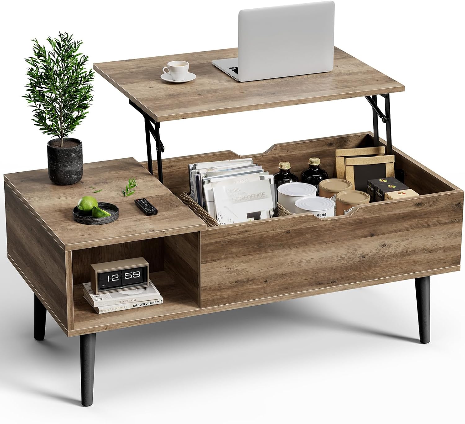 Maplecrest Home Wooden Lift Top Coffee Table, Hidden Storage Coffee Table with Open Shelf for Living Room, Rustic Brown