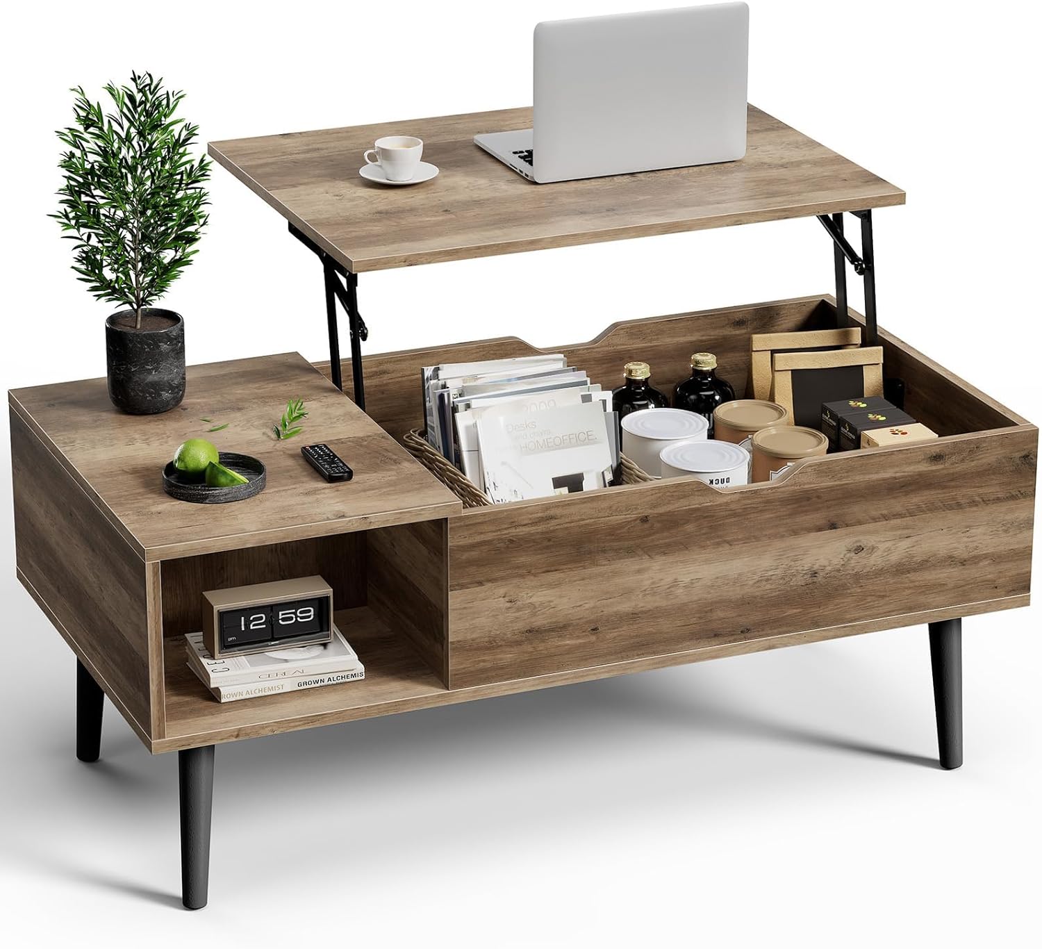 Maplecrest Home Wooden Lift Top Coffee Table, Hidden Storage Coffee Table with Open Shelf for Living Room, Rustic Brown