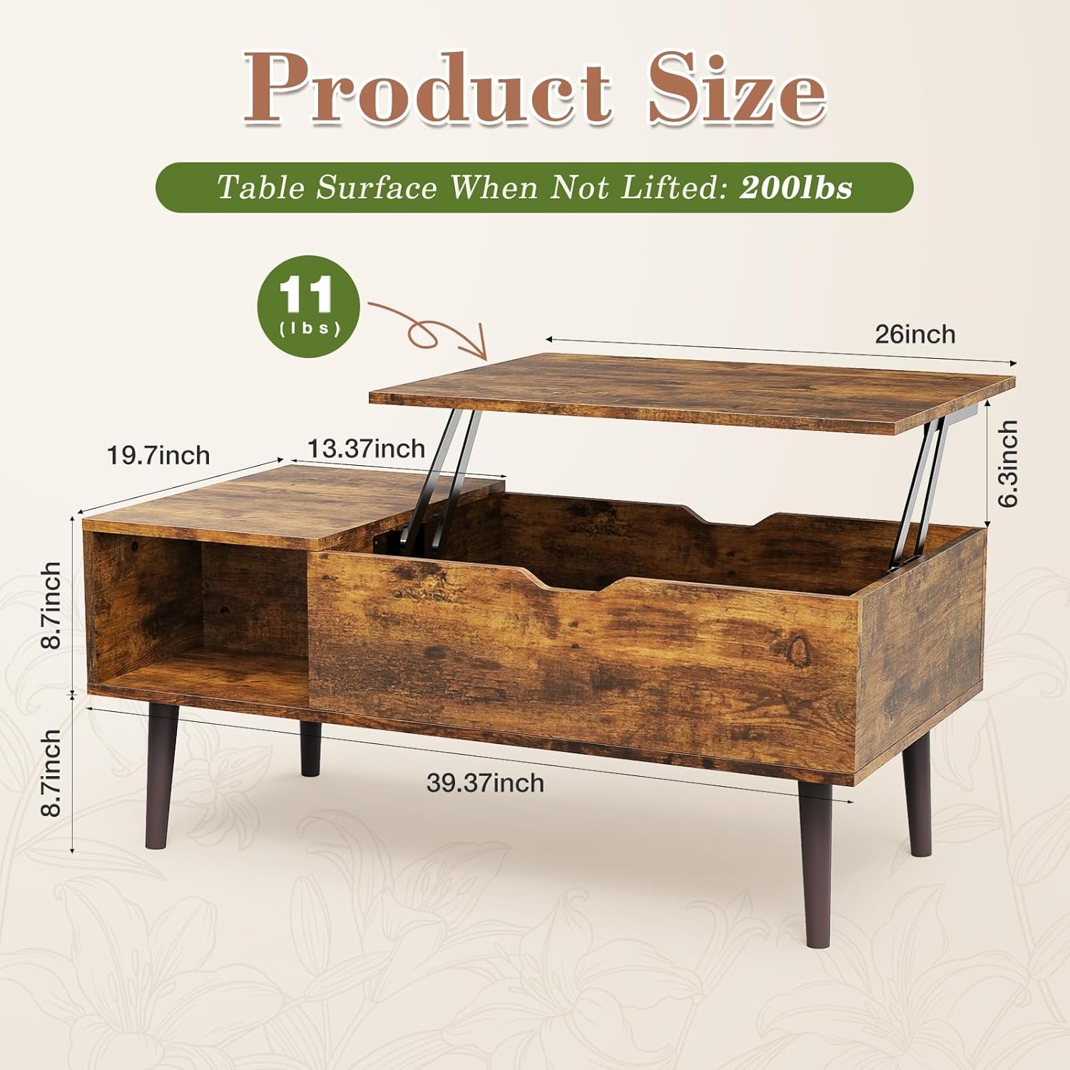Maplecrest Home Wooden Lift Top Coffee Table, Hidden Storage Coffee Table with Open Shelf for Living Room, Rustic Brown