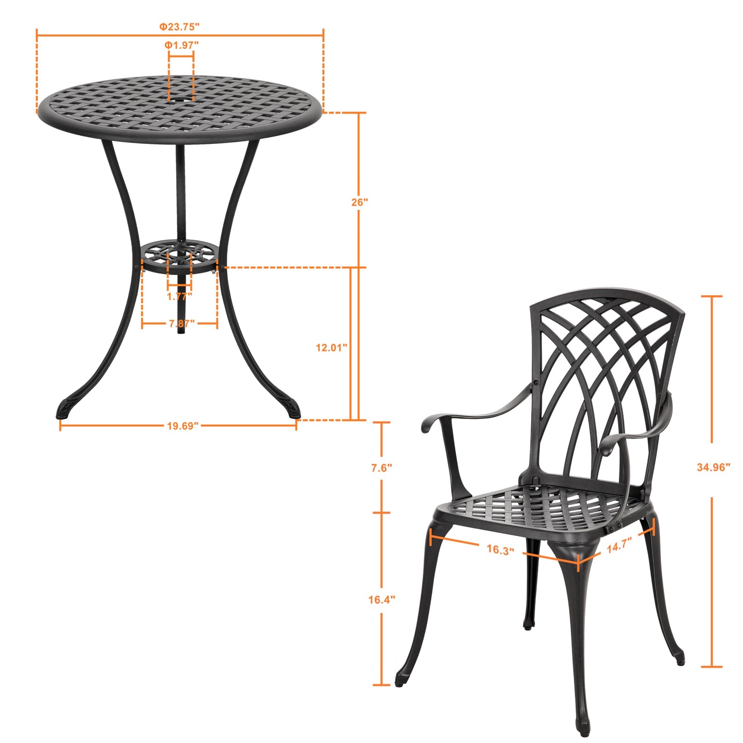3-Piece Outdoor Cast Aluminum Patio Bistro Set with Table and 2 Chairs, Umbrella Hole, Gray Cushions, Black