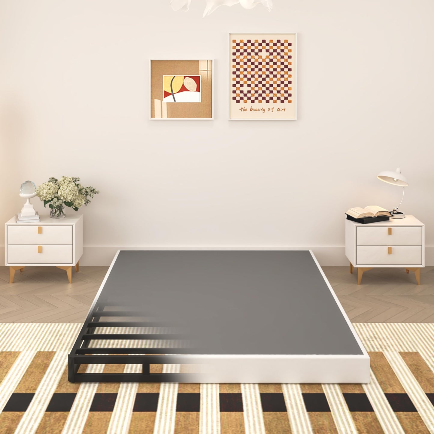Queen Size 5 Inch Low Profile Box Spring, Metal Bed Base with Fabric Cover, Easy Assembly Mattress Foundation, High Strength Support