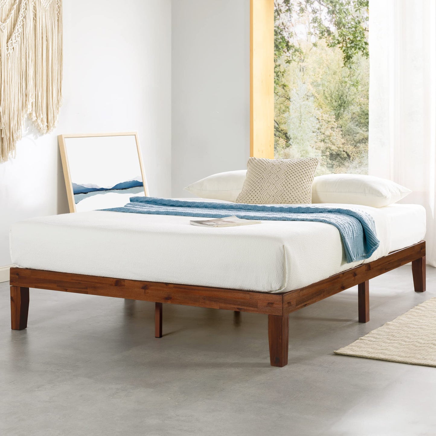 12 Inch Solid Wood Platform Bed with Wooden Slats, No Box Spring Needed, Easy Assembly, Queen, Pine