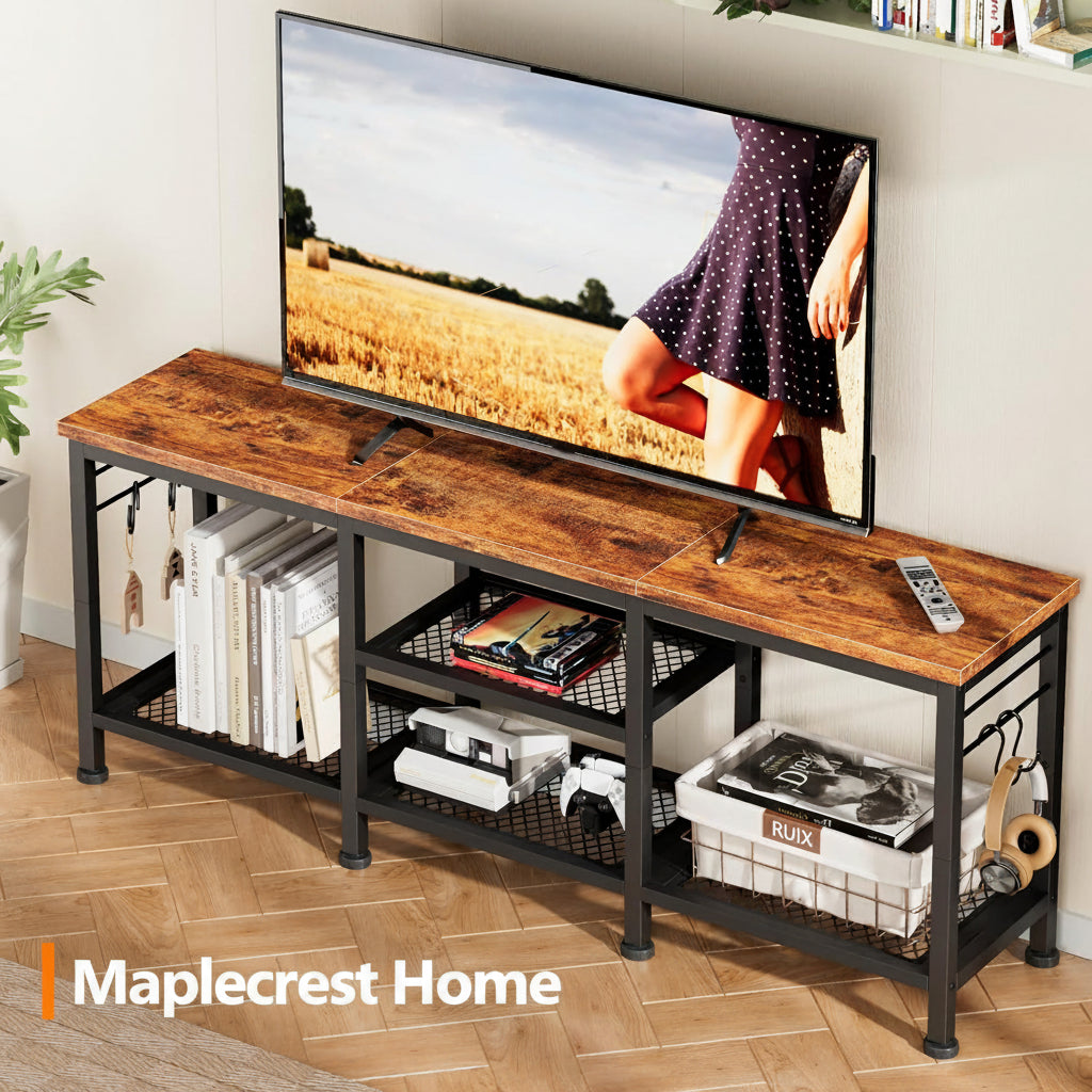 Maplecrest Home 55" TV Stand with Open Storage Shelves, Entertainment Center Media Console with Soundbar Shelf, Rustic Brown