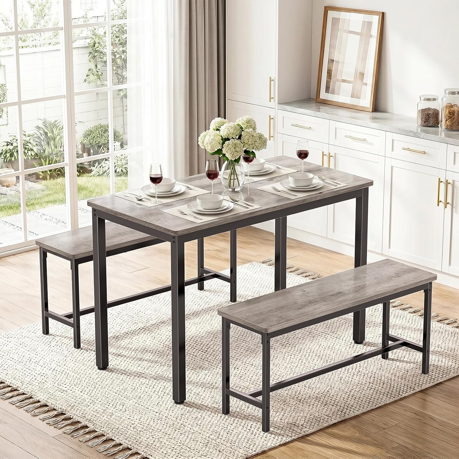 Maplecrest Home Dining Table Set for 4 with 2 Benches, Modern 3-Piece Kitchen Table Set for Small Spaces, Grey