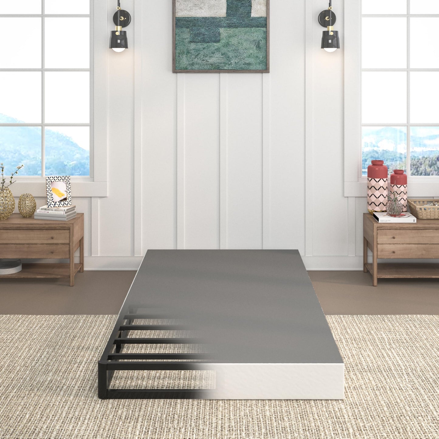 Queen Size 5 Inch Low Profile Box Spring, Metal Bed Base with Fabric Cover, Easy Assembly Mattress Foundation, High Strength Support
