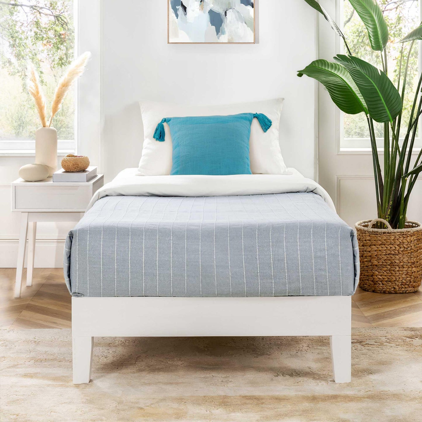 12 Inch Solid Wood Platform Bed with Wooden Slats, No Box Spring Needed, Easy Assembly, Queen, Pine