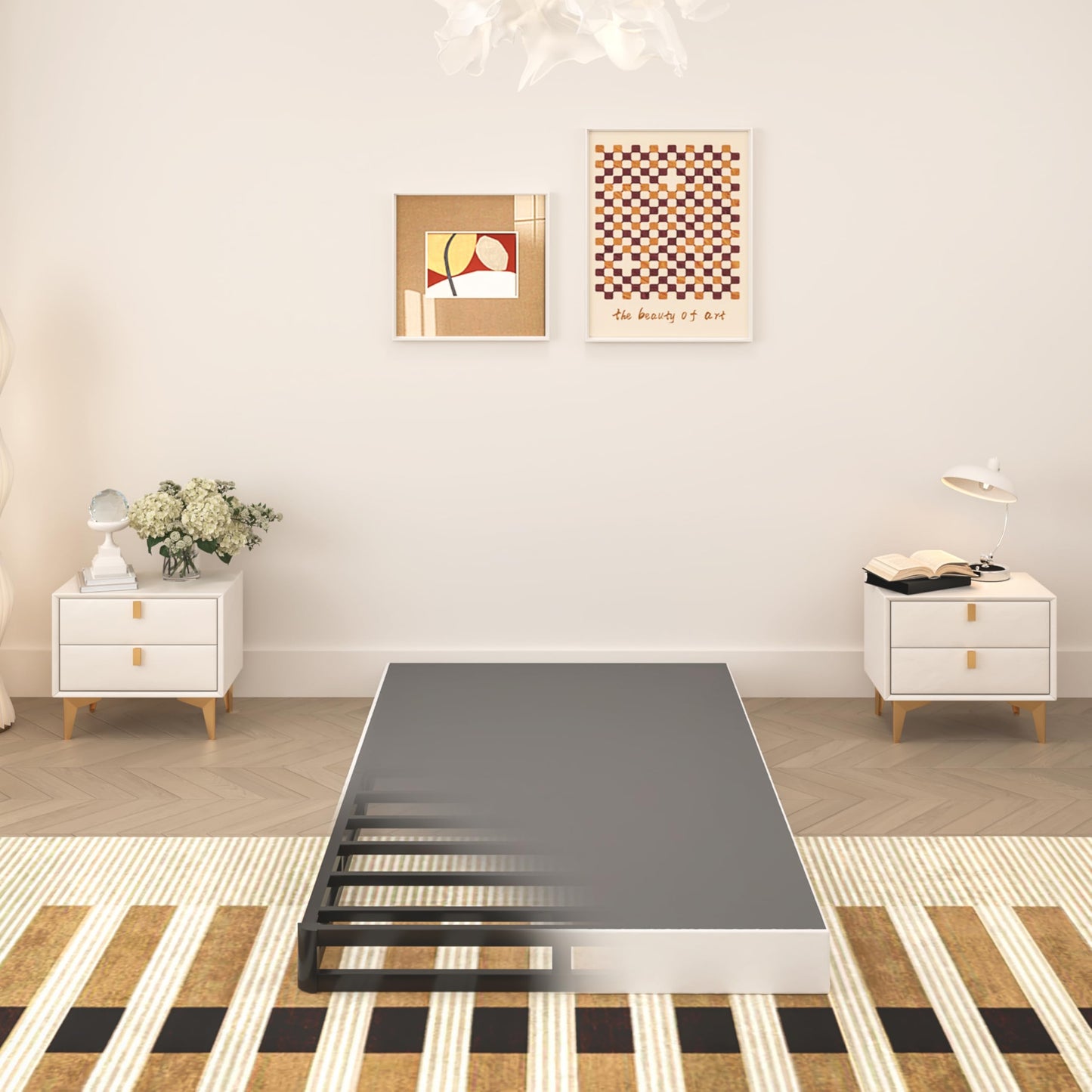 Queen Size 5 Inch Low Profile Box Spring, Metal Bed Base with Fabric Cover, Easy Assembly Mattress Foundation, High Strength Support