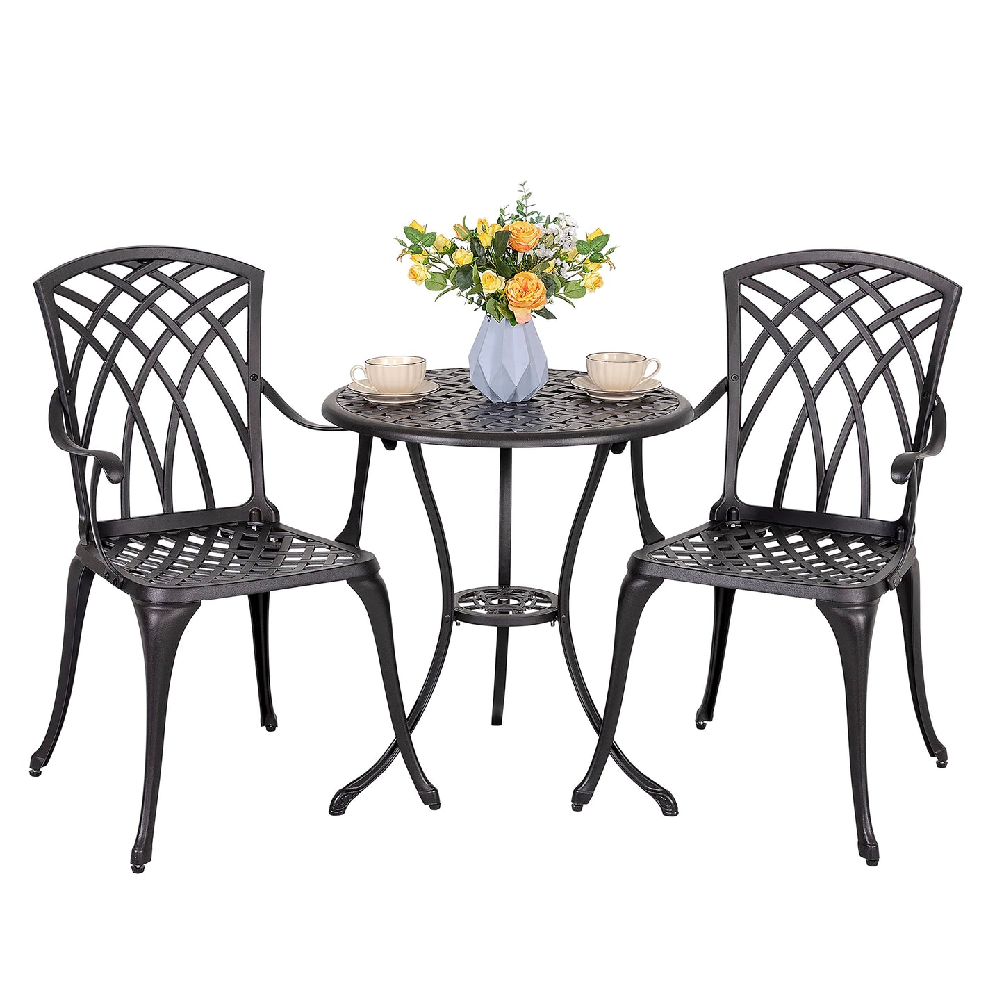 3-Piece Outdoor Cast Aluminum Patio Bistro Set with Table and 2 Chairs, Umbrella Hole, Gray Cushions, Black