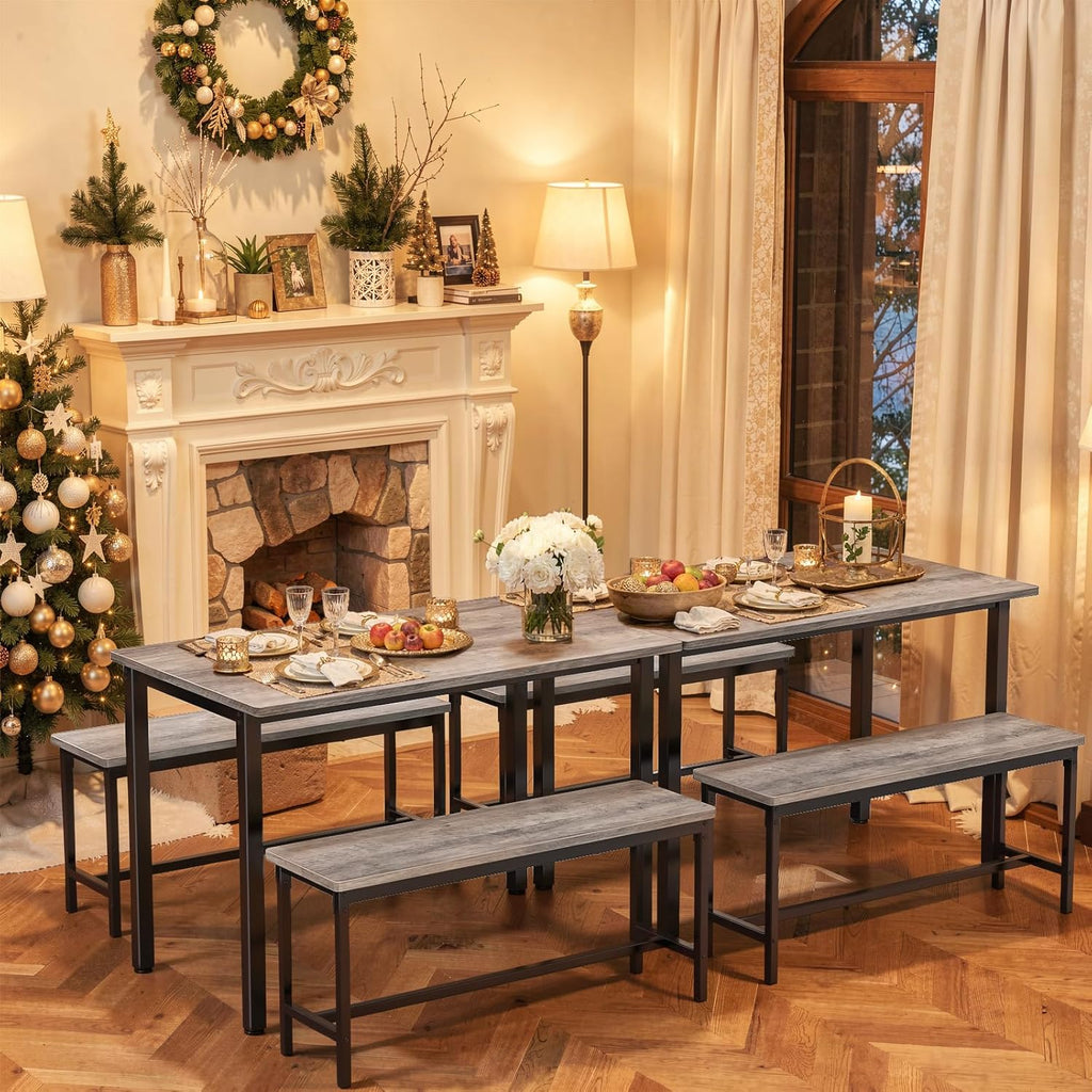 Maplecrest Home Dining Table Set for 4 with 2 Benches, Modern 3-Piece Kitchen Table Set for Small Spaces, Grey