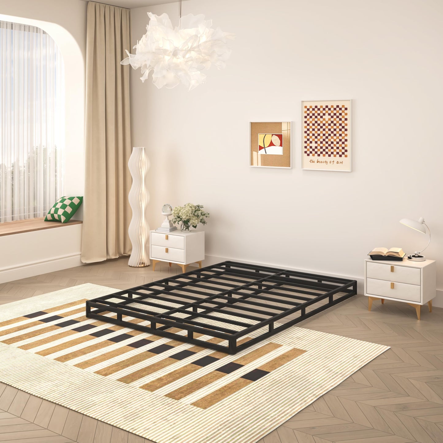 Queen Size 5 Inch Low Profile Box Spring, Metal Bed Base with Fabric Cover, Easy Assembly Mattress Foundation, High Strength Support