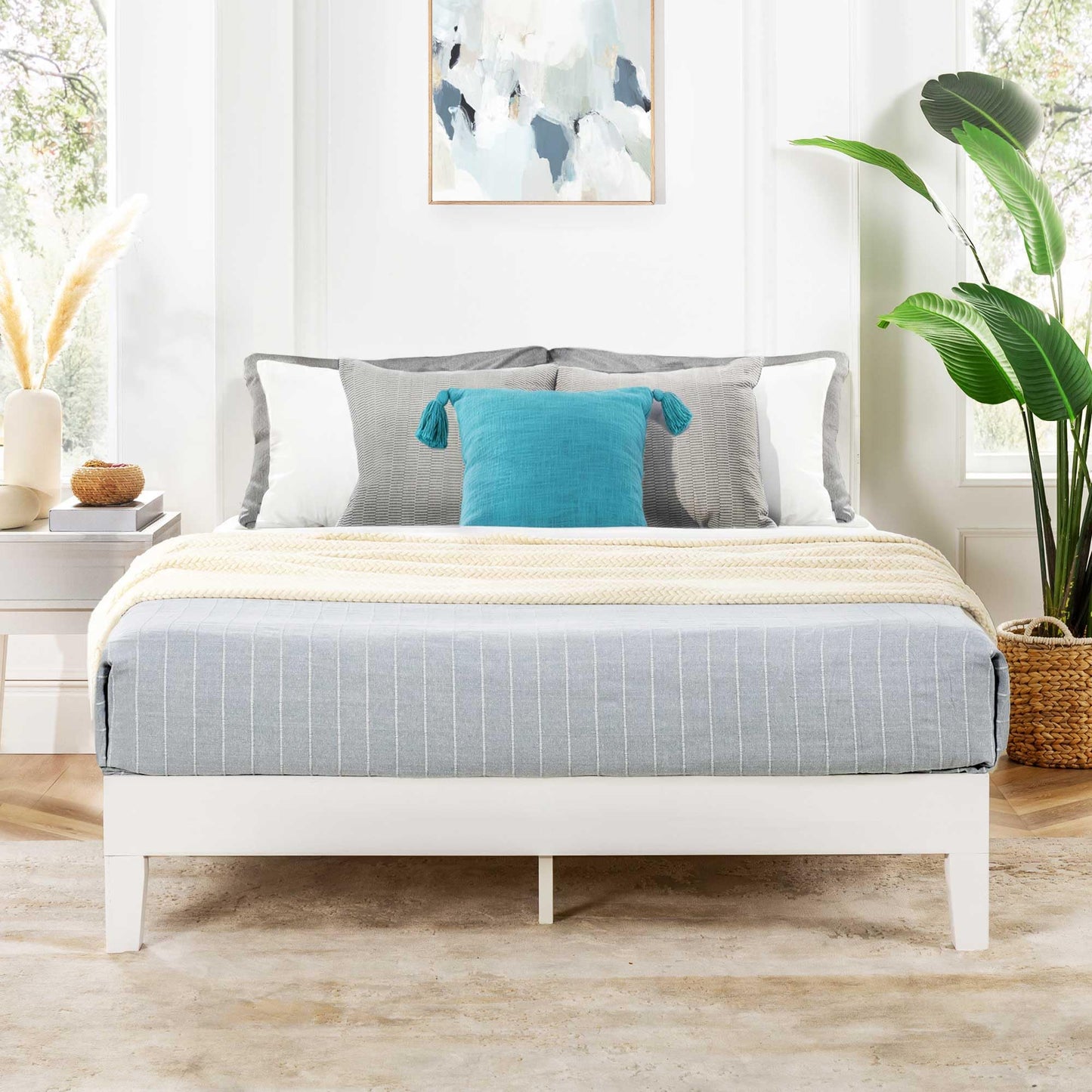 12 Inch Solid Wood Platform Bed with Wooden Slats, No Box Spring Needed, Easy Assembly, Queen, Pine