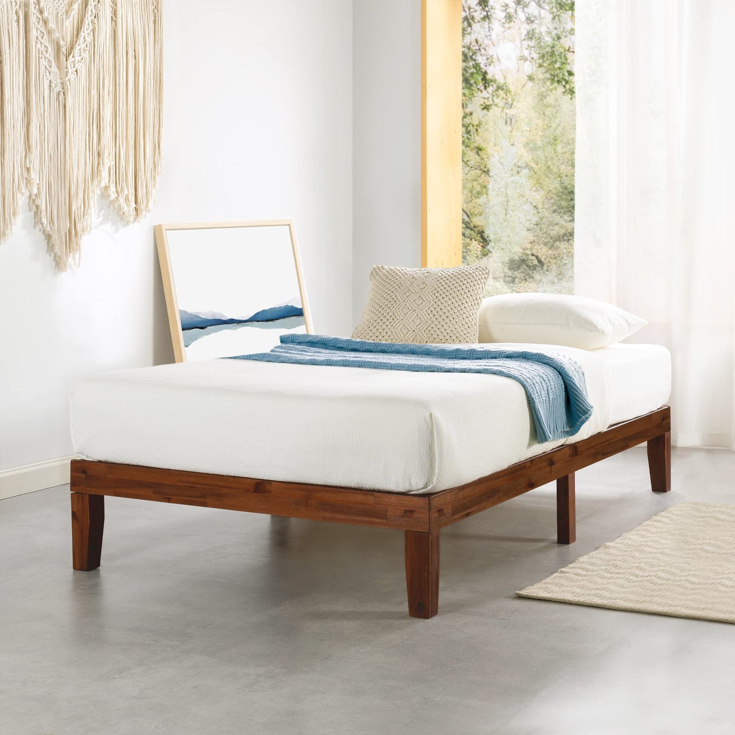 12 Inch Solid Wood Platform Bed with Wooden Slats, No Box Spring Needed, Easy Assembly, Queen, Pine