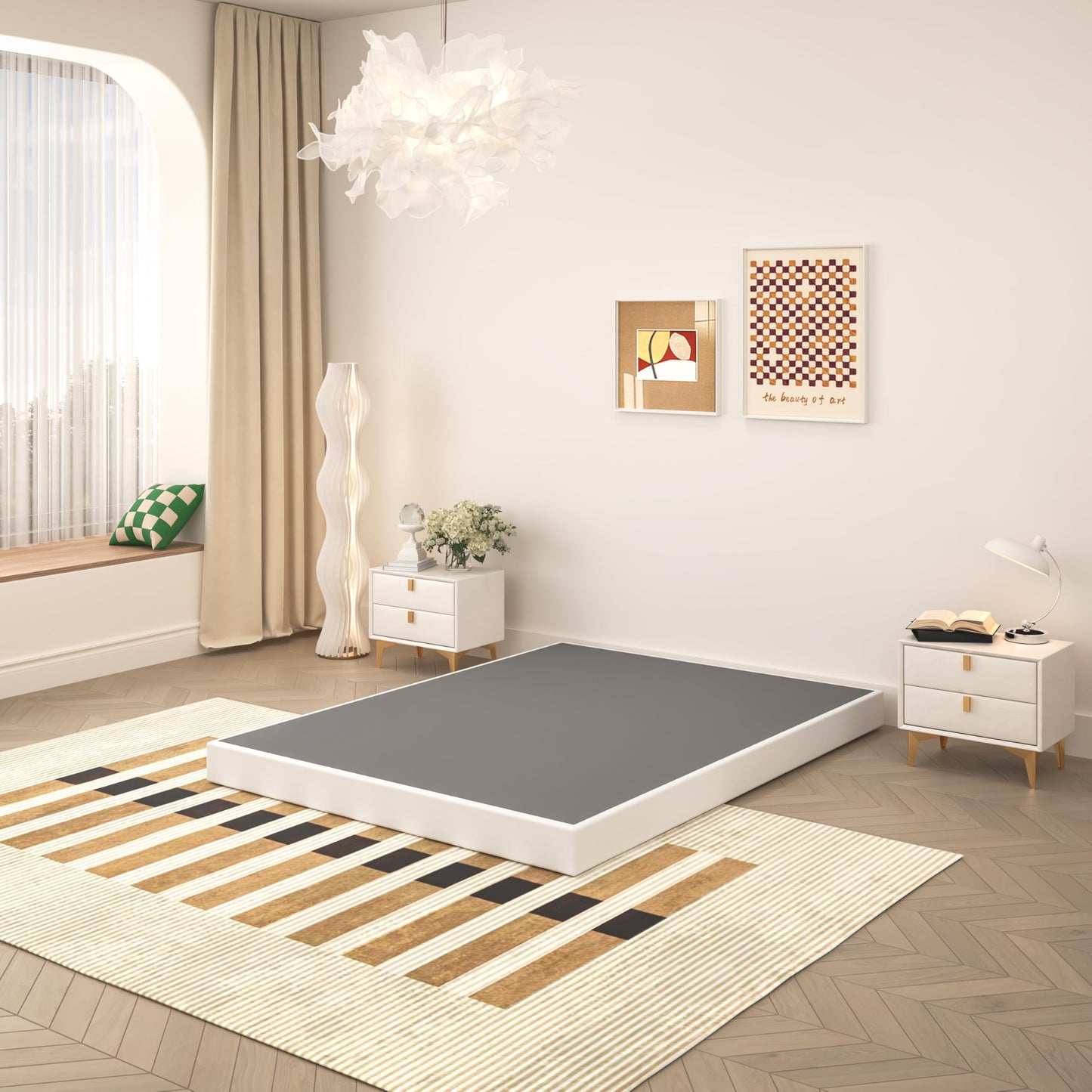 Queen Size 5 Inch Low Profile Box Spring, Metal Bed Base with Fabric Cover, Easy Assembly Mattress Foundation, High Strength Support