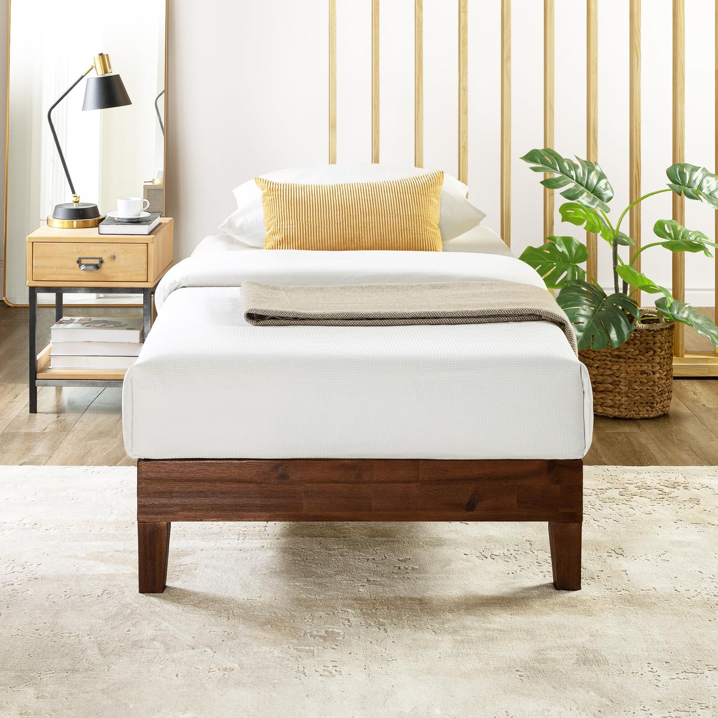 12 Inch Solid Wood Platform Bed with Wooden Slats, No Box Spring Needed, Easy Assembly, Queen, Pine