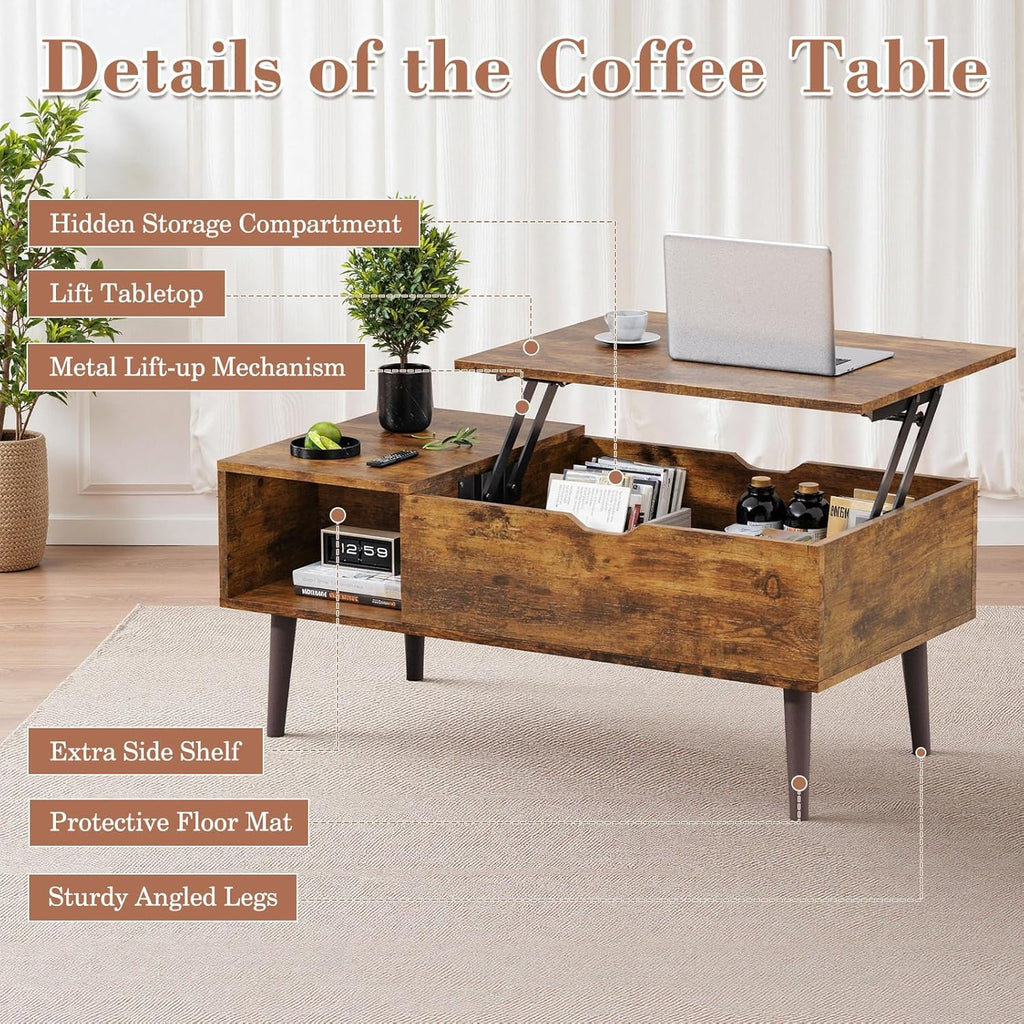 Maplecrest Home Wooden Lift Top Coffee Table, Hidden Storage Coffee Table with Open Shelf for Living Room, Rustic Brown