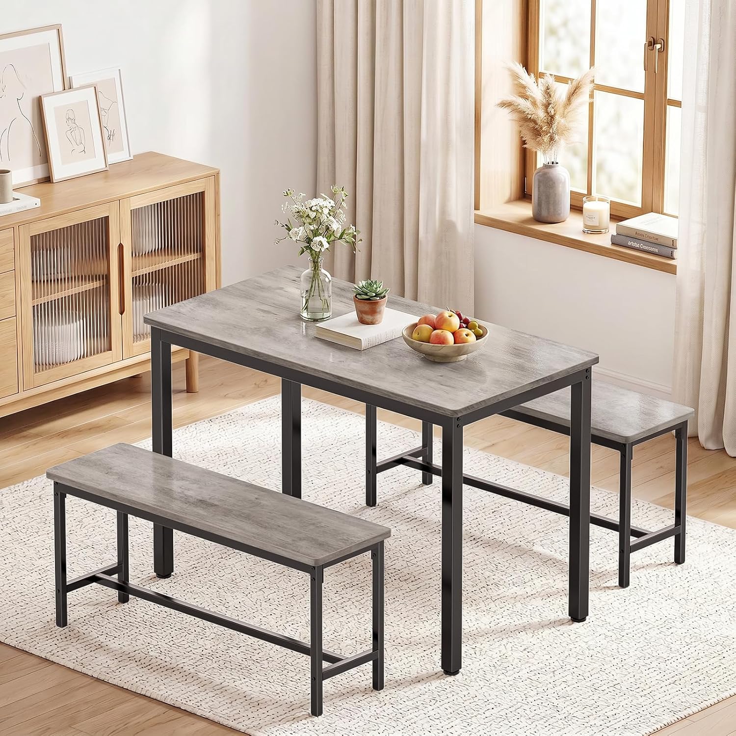 Maplecrest Home Dining Table Set for 4 with 2 Benches, Modern 3-Piece Kitchen Table Set for Small Spaces, Grey