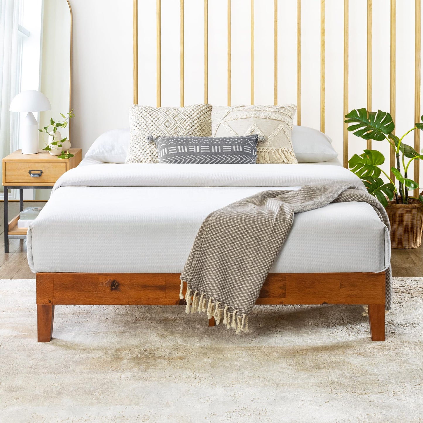 12 Inch Solid Wood Platform Bed with Wooden Slats, No Box Spring Needed, Easy Assembly, Queen, Pine