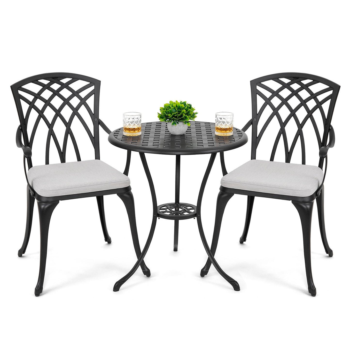 3-Piece Outdoor Cast Aluminum Patio Bistro Set with Table and 2 Chairs, Umbrella Hole, Gray Cushions, Black