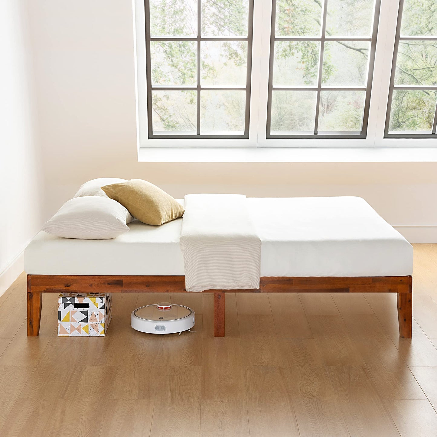 12 Inch Solid Wood Platform Bed with Wooden Slats, No Box Spring Needed, Easy Assembly, Queen, Pine