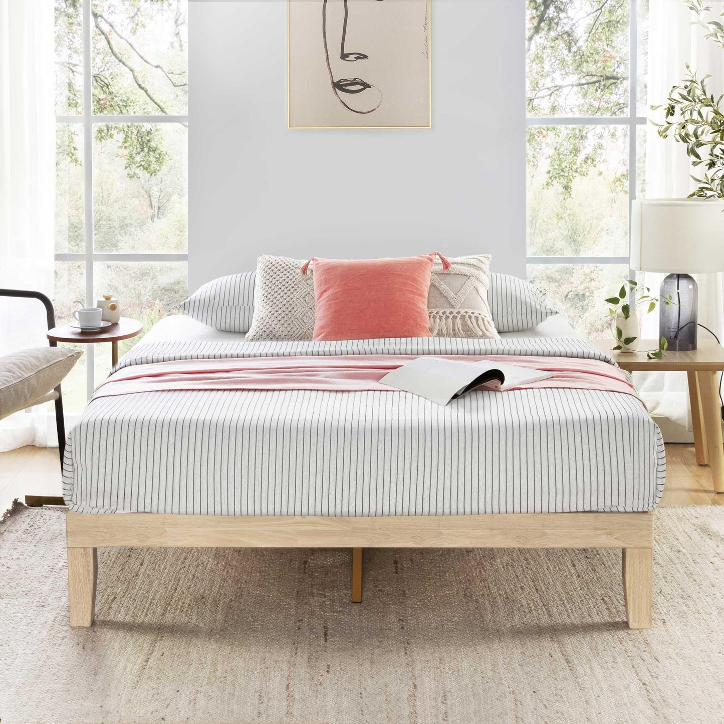 12 Inch Solid Wood Platform Bed with Wooden Slats, No Box Spring Needed, Easy Assembly, Queen, Pine